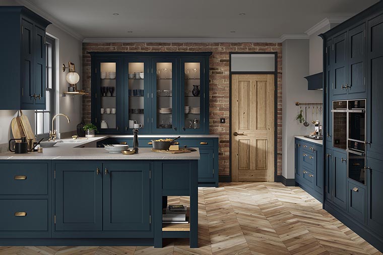 Inframe kitchen with exposed butt hinges in Hartforth blue and Oak parquet flooring.