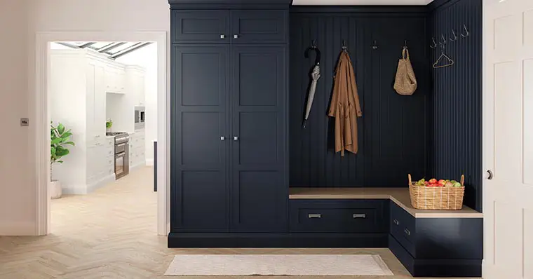 Inframe slate blue coat space and storage for utility or bootroom.