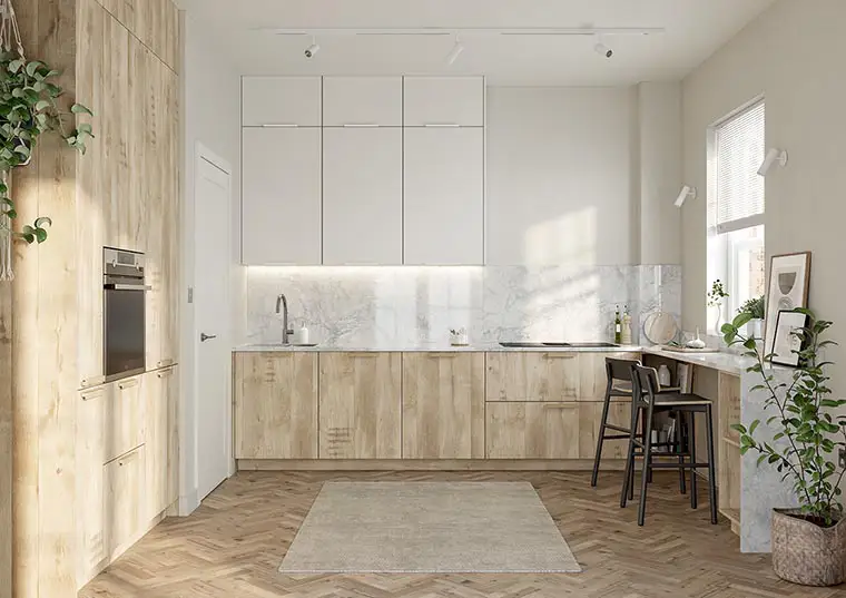 Light grey and oak effect slab door kitchen with oak parquet flooring. Kitchen Design and Fitter Somerset.